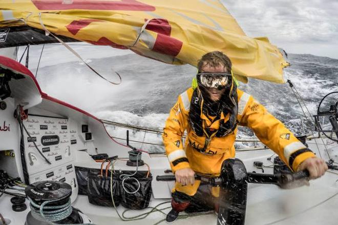 Onboard Abu Dhabi Ocean Racing - Luke Parko Parkinson trims the jib on as conditions worsen as a large frontal system blows across the race course - Leg five to Itajai -  Volvo Ocean Race 2015 © Matt Knighton/Abu Dhabi Ocean Racing